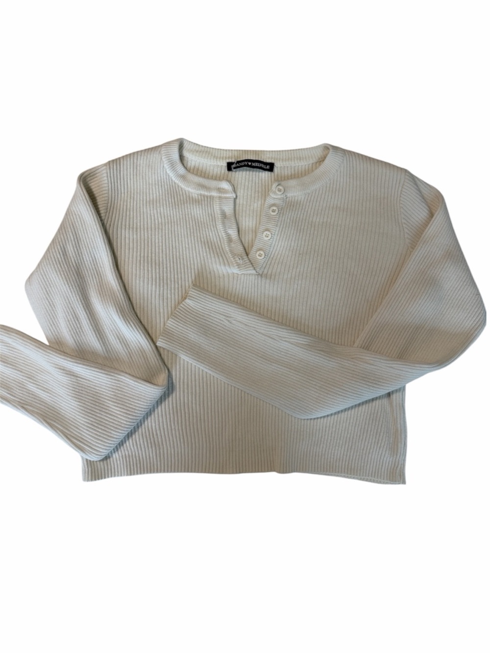 Brandy Melville Cropped Cream Ribbed Henley Crewneck Sweater